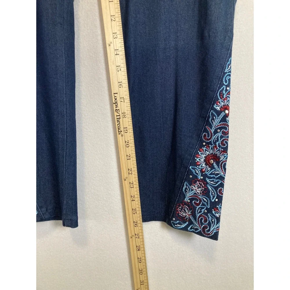Boho Floral Ruby Rd. Womens 12 Blue Embroidered Pull-On Cropped Jeans 23100 QI‎